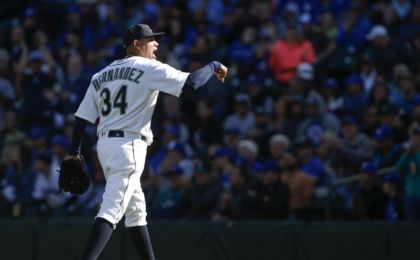 Sep 21, 2016; Seattle, WA, USA; Seattle Mariners starting pitcher Felix Hernandez (34) reacts after the final out of the seventh inning against the Toronto Blue Jays at Safeco Field. Mandatory Credit: Joe Nicholson-USA TODAY Sports