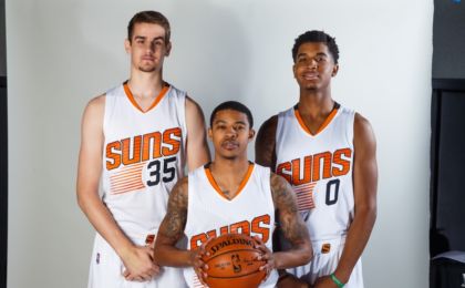 Sep 26, 2016; Phoenix, AZ, USA; Phoenix Suns forward Dragan Bender (left), guard Tyler Ulis (center) and forward Marquese Chriss pose for a portrait during media day at Talking Stick Resort Arena. Mandatory Credit: Mark J. Rebilas-USA TODAY Sports