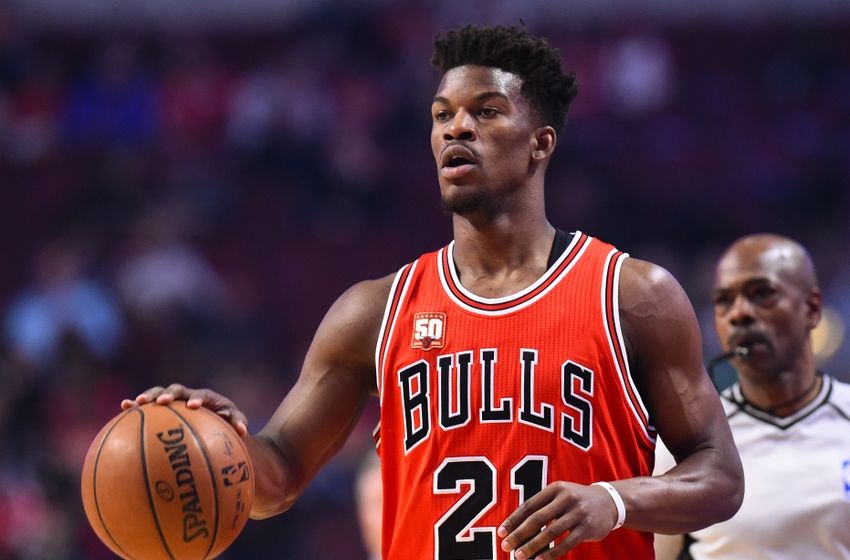 Apr 13, 2016; Chicago, IL, USA; Chicago Bulls guard Jimmy Butler (21) dribbles the ball against the Philadelphia 76ers during the first quarter at the United Center. Mandatory Credit: Mike DiNovo-USA TODAY Sports