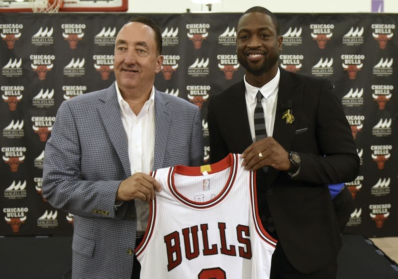 Jul 29, 2016; Chicago, IL, USA; Chicago Bulls guard Dwayne Wade (right) and Bulls general manager Gar Forman pose for a photo after addressing the media after a press conference at Advocate Center. Mandatory Credit: David Banks-USA TODAY Sports