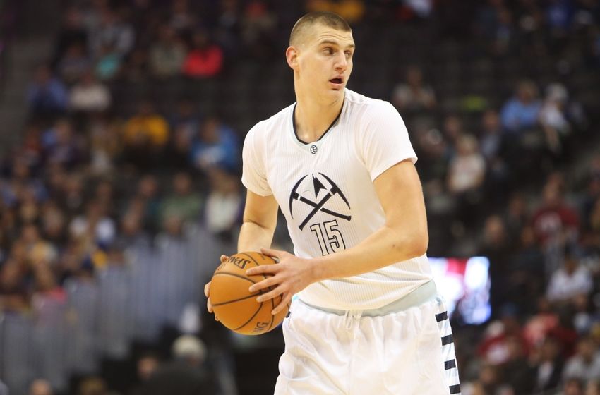 Jan 10, 2016; Denver, CO, USA; Denver Nuggets center Nikola Jokic (15) during the first half against the Charlotte Hornets at Pepsi Center. Mandatory Credit: Chris Humphreys-USA TODAY Sports