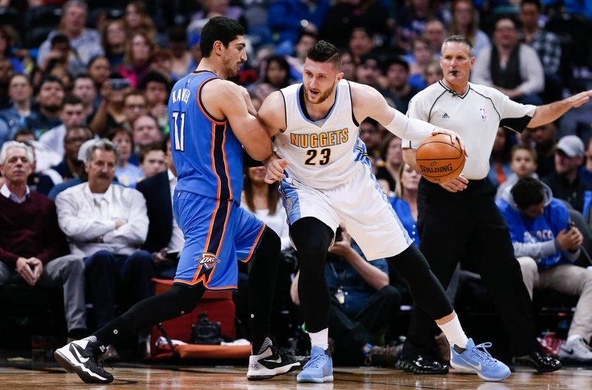 Apr 5, 2016; Denver, CO, USA; Oklahoma City Thunder center Enes Kanter (11) defends against Denver Nuggets center Jusuf Nurkic (23) in the third quarter at the Pepsi Center. The Thunder defeated the Nuggets 124-102. Mandatory Credit: Isaiah J. Downing-USA TODAY Sports
