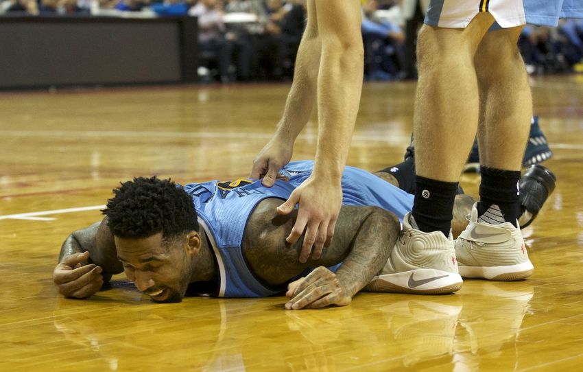 Oct 12, 2016; Lincoln, NE, USA; Denver Nuggets forward Wilson Chandler (21) fell to the floor during the Minnesota Timberwolves in the second half at Pinnacle Bank Arena. Minnesota won 105-88. Mandatory Credit: Bruce Thorson-USA TODAY Sports