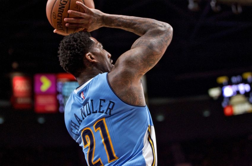 Oct 16, 2016; Portland, OR, USA; Denver Nuggets forward Wilson Chandler (21) shoots against the Portland Trail Blazers during the first quarter at the Moda Center. Mandatory Credit: Craig Mitchelldyer-USA TODAY Sports