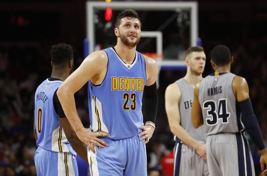 Nov 5, 2016; Auburn Hills, MI, USA; Denver Nuggets center Jusuf Nurkic (23) reacts after getting called for a flagrant foul during the third quarter of the game at The Palace of Auburn Hills. Detroit defeated Denver 103-86. Mandatory Credit: Leon Halip-USA TODAY Sports