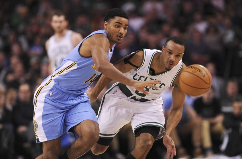Nov 6, 2016; Boston, MA, USA; Denver Nuggets Guard Gary Harris (14) and Boston Celtics guard Avery Bradley (0) battle for a loose ball during the first half at TD Garden. Mandatory Credit: Bob DeChiara-USA TODAY Sports