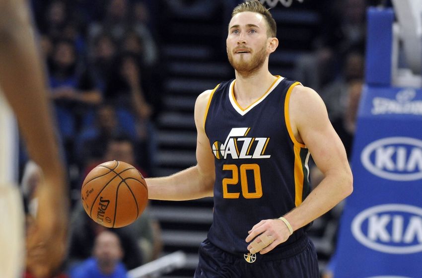 Nov 11, 2016; Orlando, FL, USA; Utah Jazz forward Gordon Hayward (20) controls the basket against the Orlando Magic during the second half at Amway Center. Utah Jazz defeated the Orlando Magic 87-74. Mandatory Credit: Kim Klement-USA TODAY Sports