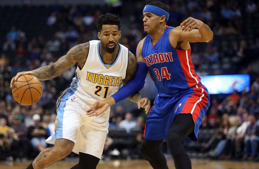 Nov 12, 2016; Denver, CO, USA; Denver Nuggets forward Wilson Chandler (21) drives to the basket against Detroit Pistons forward Tobias Harris (34) during the first half at Pepsi Center. Mandatory Credit: Chris Humphreys-USA TODAY Sports