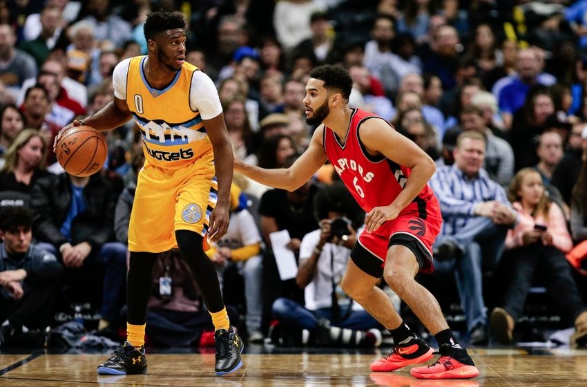 Nov 18, 2016; Denver, CO, USA; Toronto Raptors guard Cory Joseph (6) defends Denver Nuggets guard Emmanuel Mudiay (0) in the fourth quarter at the Pepsi Center. The Raptors won 113-111 in overtime. Mandatory Credit: Isaiah J. Downing-USA TODAY Sports