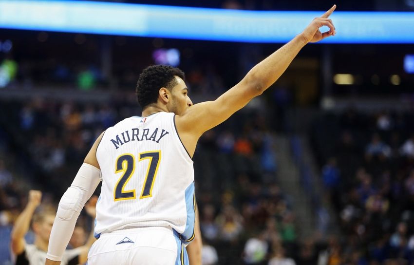 Nov 20, 2016; Denver, CO, USA; Denver Nuggets guard Jamal Murray (27) reacts after hitting a three point basket during the second half against the Utah Jazz at Pepsi Center. The Nuggets won 105-91. Mandatory Credit: Chris Humphreys-USA TODAY Sports