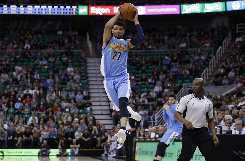 Nov 23, 2016; Salt Lake City, UT, USA; Denver Nuggets guard Jamal Murray (27) grabs a high pass in the second quarter against the Utah Jazz at Vivint Smart Home Arena. Mandatory Credit: Jeff Swinger-USA TODAY Sports