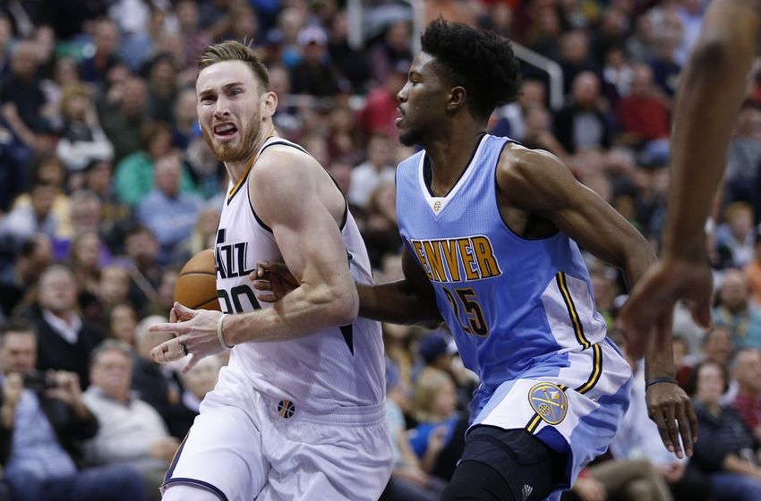Nov 23, 2016; Salt Lake City, UT, USA; Utah Jazz forward Gordon Hayward (20) drives to the hoop against Denver Nuggets guard Malik Beasley (25) in the fourth quarter at Vivint Smart Home Arena. The Utah Jazz defeated the Denver Nuggets 108-83. Mandatory Credit: Jeff Swinger-USA TODAY Sports