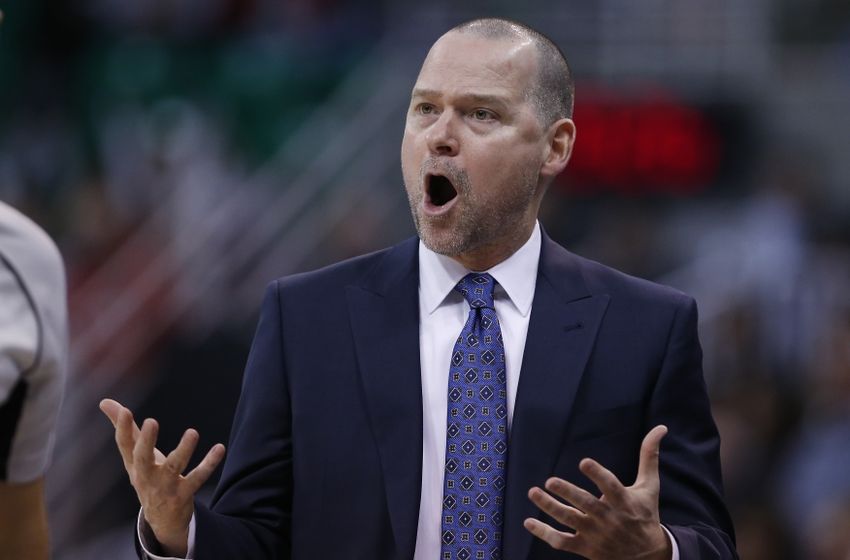 Nov 23, 2016; Salt Lake City, UT, USA; Denver Nuggets head coach Michael Malone reacts in the third quarter against the Utah Jazz at Vivint Smart Home Arena. The Utah Jazz defeated the Denver Nuggets 108-83. Mandatory Credit: Jeff Swinger-USA TODAY Sports