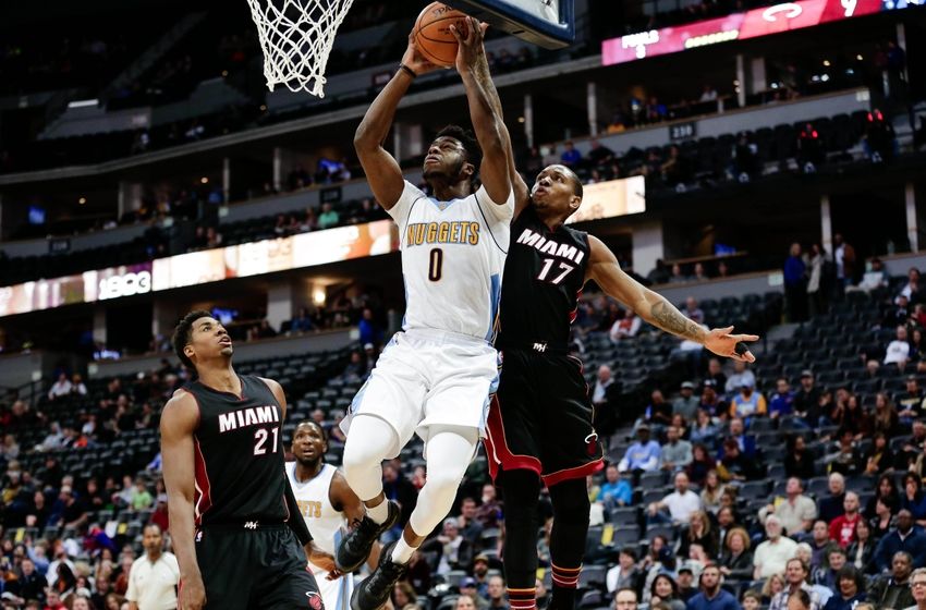 Nov 30, 2016; Denver, CO, USA; Miami Heat guard Rodney McGruder (17) defends against Denver Nuggets guard Emmanuel Mudiay (0) in the first quarter at the Pepsi Center. Mandatory Credit: Isaiah J. Downing-USA TODAY Sports