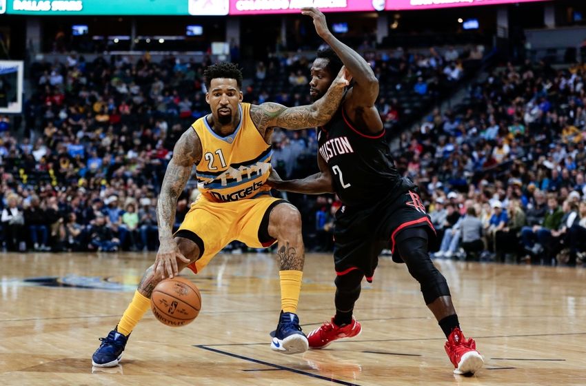 Dec 2, 2016; Denver, CO, USA; Houston Rockets guard Patrick Beverley (2) guards Denver Nuggets forward Wilson Chandler (21) in the second quarter at the Pepsi Center. Mandatory Credit: Isaiah J. Downing-USA TODAY Sports