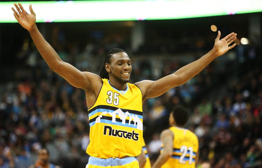 Dec 28, 2016; Denver, CO, USA; Denver Nuggets forward Kenneth Faried (35) reacts during the second half against the Minnesota Timberwolves at Pepsi Center. The Nuggets won 105-103. Mandatory Credit: Chris Humphreys-USA TODAY Sports