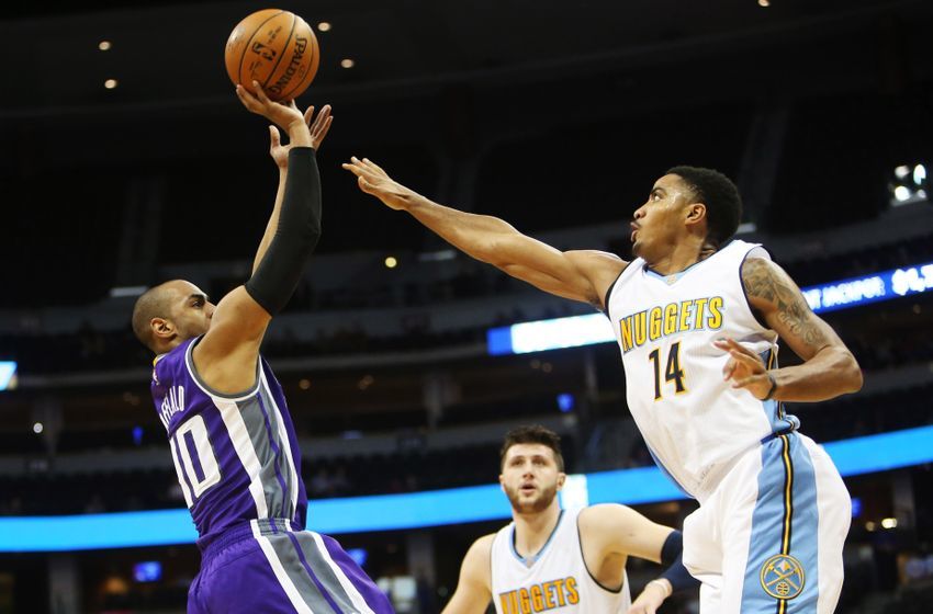 Jan 3, 2017; Denver, CO, USA; Sacramento Kings guard Arron Afflalo (40) shoots the ball against Denver Nuggets guard Gary Harris (14) during the second half at Pepsi Center. The Kings won 120-113. Mandatory Credit: Chris Humphreys-USA TODAY Sports