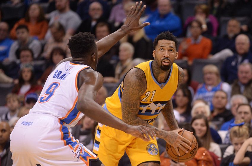 Jan 7, 2017; Oklahoma City, OK, USA; Denver Nuggets forward Wilson Chandler (21) drives to the basket in front of Oklahoma City Thunder forward Jerami Grant (9) during the second quarter at Chesapeake Energy Arena. Mandatory Credit: Mark D. Smith-USA TODAY Sports