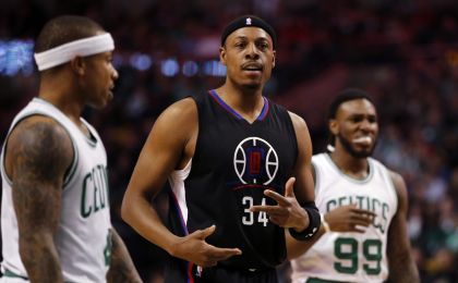 Feb 10, 2016; Boston, MA, USA; Los Angeles Clippers forward Paul Pierce (34) returns up court against the Boston Celtics in the first quarter at TD Garden. Mandatory Credit: David Butler II-USA TODAY Sports