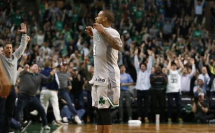 Apr 13, 2016; Boston, MA, USA; Boston Celtics guard Isaiah Thomas (4) celebrates against the Miami Heat during the second half at TD Garden. Mandatory Credit: Mark L. Baer-USA TODAY Sports