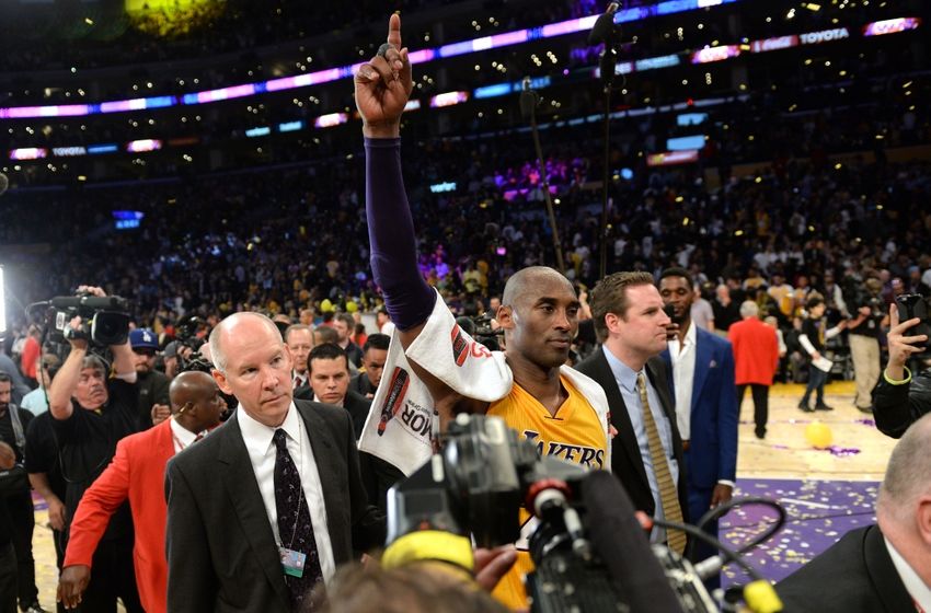 Apr 13, 2016; Los Angeles, CA, USA; Los Angeles Lakers forward Kobe Bryant (24) acknowledges the crowd as he walks off the court at the end of the final game of his career at Staples Center. The Lakers defeated the Utah Jazz 101-96. Mandatory Credit: Robert Hanashiro-USA TODAY Sports