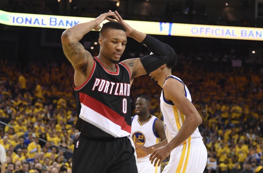 May 3, 2016; Oakland, CA, USA; Portland Trail Blazers guard Damian Lillard (0) reacts against the Golden State Warriors during the third quarter in game two of the second round of the NBA Playoffs at Oracle Arena. The Warriors defeated the Trail Blazers 110-99. Mandatory Credit: Kyle Terada-USA TODAY Sports