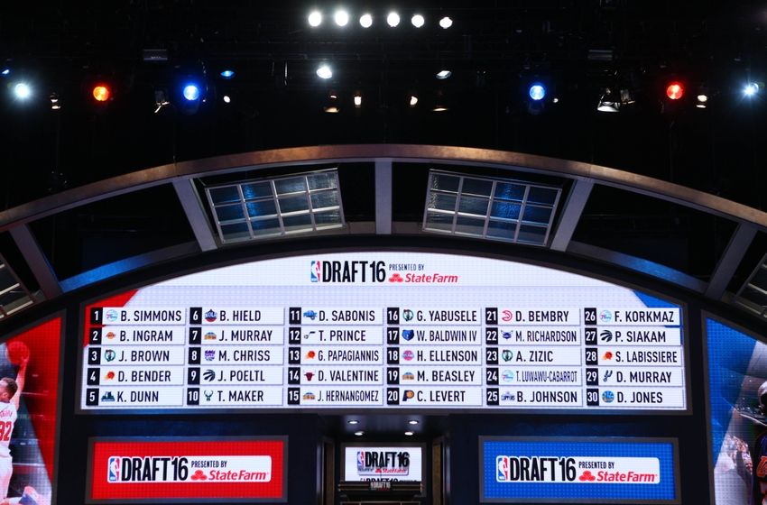 Jun 23, 2016; New York, NY, USA; A general view of a video board displaying all thirty draft picks in the first round of the 2016 NBA Draft at Barclays Center. Mandatory Credit: Jerry Lai-USA TODAY Sports