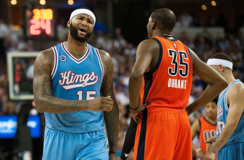 Apr 9, 2016; Sacramento, CA, USA; Sacramento Kings center DeMarcus Cousins (15) reacts to a call during the second quarter of the game against the Oklahoma City Thunder at Sleep Train Arena. Mandatory Credit: Ed Szczepanski-USA TODAY Sports