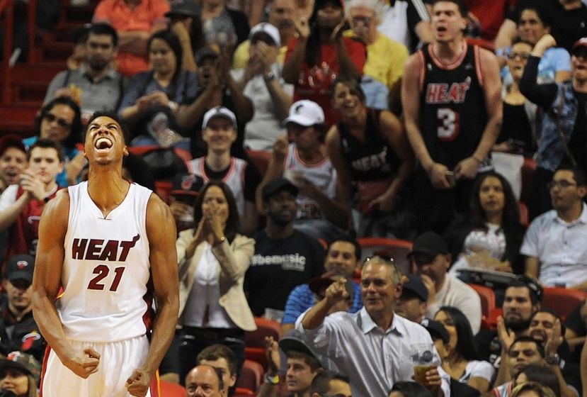 Apr 5, 2016; Miami, FL, USA; Miami Heat center Hassan Whiteside (21) reacts during the second half of Tuesday night