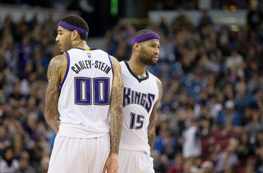 Jan 13, 2016; Sacramento, CA, USA; Sacramento Kings center Willie Cauley-Stein (00) reacts with center DeMarcus Cousins (15) as Cousins goes to the line against the New Orleans Pelicans during the fourth quarter at Sleep Train Arena. New Orleans defeated Sacramento 109-97. Mandatory Credit: Kelley L Cox-USA TODAY Sports