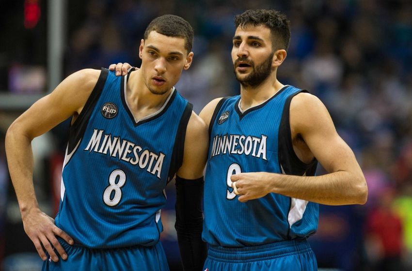 Feb 20, 2016; Minneapolis, MN, USA; Minnesota Timberwolves guard Zach LaVine (8) and guard Ricky Rubio (9) against the New York Knicks at Target Center. The Knicks defeated the Timberwolves 103-95. Mandatory Credit: Brace Hemmelgarn-USA TODAY Sports