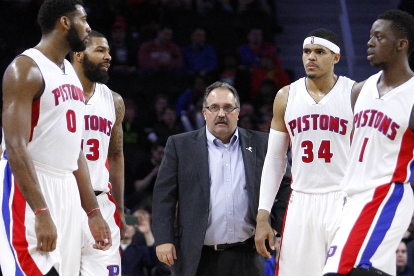 Mar 21, 2016; Auburn Hills, MI, USA; (Left to right) Detroit Pistons center Andre Drummond (0) forward Marcus Morris (13) head coach Stan Van Gundy forward Tobias Harris (34) and guard Reggie Jackson (1) stand during a timeout during the fourth quarter against the Milwaukee Bucks at The Palace of Auburn Hills. Pistons win 92-91. Mandatory Credit: Raj Mehta-USA TODAY Sports