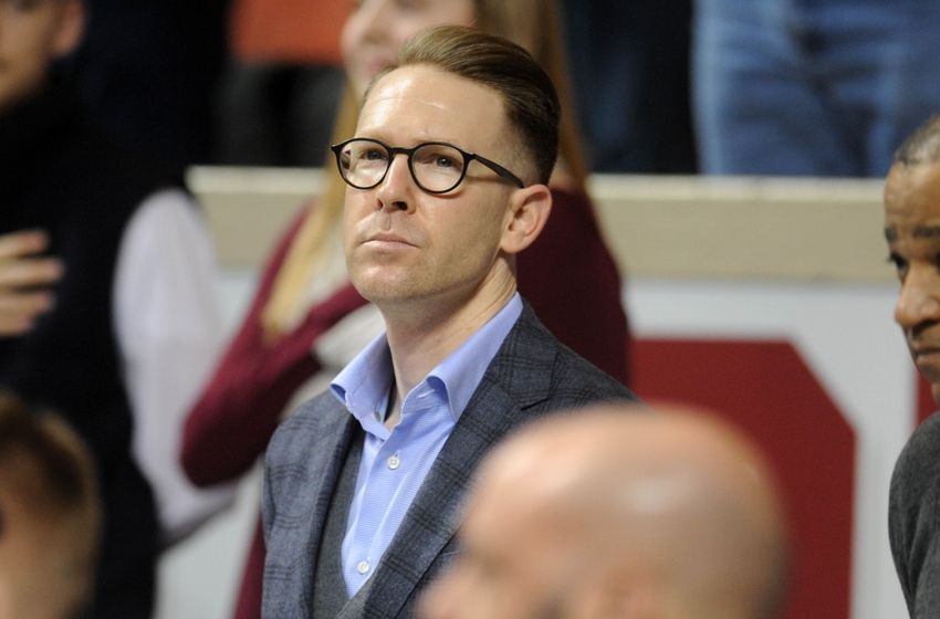 Jan 16, 2016; Norman, OK, USA; Oklahoma City Thunder general manager Sam Presti watches college basketball between the West Virginia Mountaineers and the Oklahoma Sooners at Lloyd Noble Center. Mandatory Credit: Mark D. Smith-USA TODAY Sports
