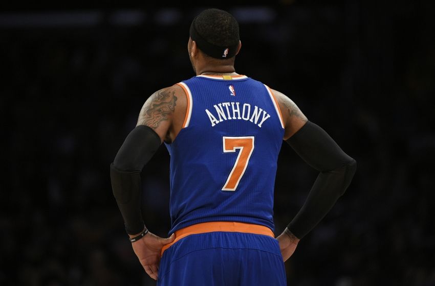 New York Knicks forward Carmelo Anthony (7) looks up during a break in play during the first quarter against the Los Angeles Lakers at Staples Center. Mandatory Credit: Kelvin Kuo-USA TODAY Sports