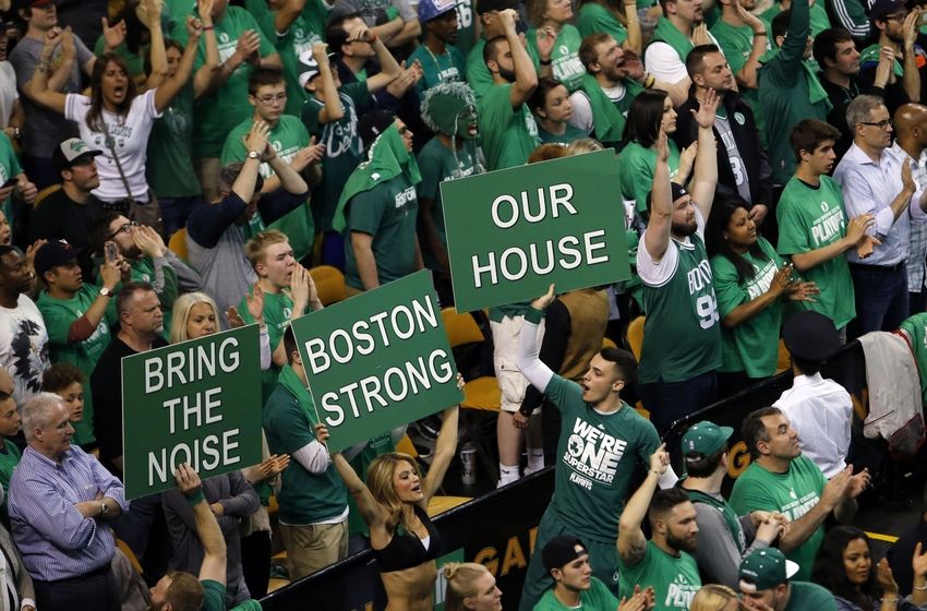 Apr 22, 2016; Boston, MA, USA; Boston Celtics fans react as they take on the Atlanta Hawks during the fourth quarter in game three of the first round of the NBA Playoffs at TD Garden. The Celtics defeated the Hawks 111-103. Mandatory Credit: David Butler II-USA TODAY Sports