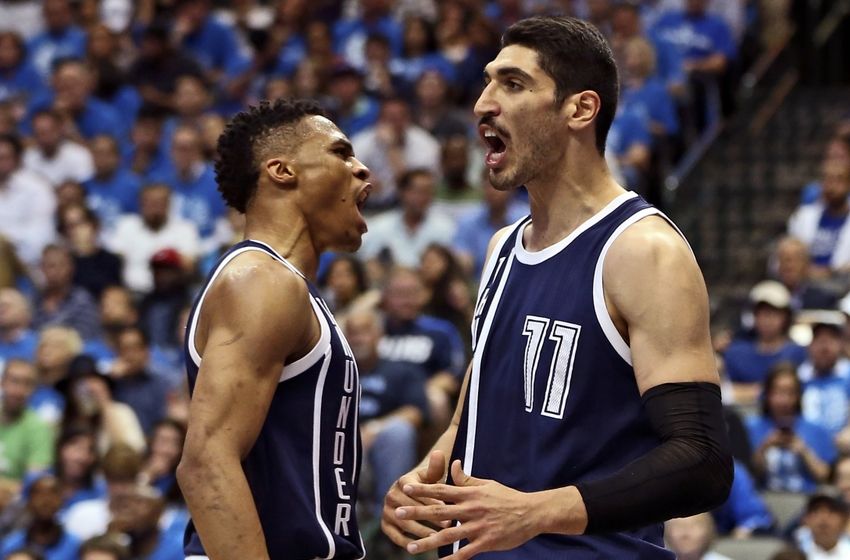 Apr 23, 2016; Dallas, TX, USA; Oklahoma City Thunder guard Russell Westbrook (left) and center Enes Kanter (right) react during the fourth quarter against the Dallas Mavericks in game four of the first round of the NBA Playoffs at American Airlines Center. Mandatory Credit: Kevin Jairaj-USA TODAY Sports