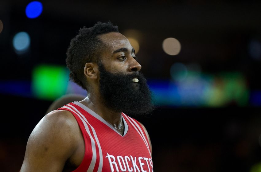 Apr 27, 2016; Oakland, CA, USA; Houston Rockets guard James Harden (13) as a timeout is called against the Golden State Warriors during the third quarter in game five of the first round of the NBA Playoffs at Oracle Arena. Mandatory Credit: Kelley L Cox-USA TODAY Sports