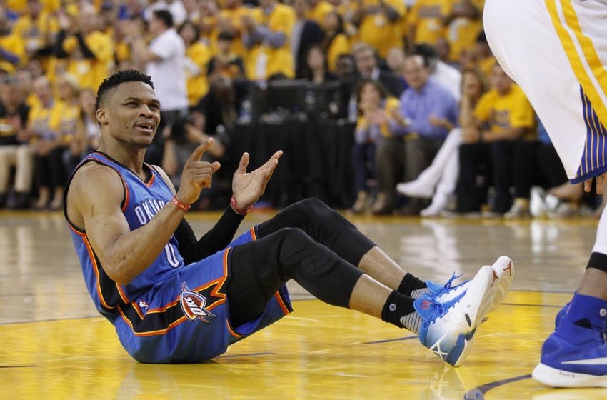 May 26, 2016; Oakland, CA, USA; Oklahoma City Thunder guard Russell Westbrook (0) reacts after being called for an offensive foul against the Golden State Warriors in the fourth quarter in game five of the Western conference finals of the NBA Playoffs at Oracle Arena. The Warriors defeated the Thunder 120-111. Mandatory Credit: Cary Edmondson-USA TODAY Sports
