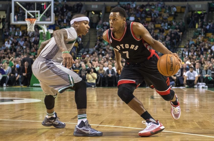 Oct 30, 2015; Boston, MA, USA; Toronto Raptors point guard Kyle Lowry (7) drives the ball against Boston Celtics point guard Isaiah Thomas (4) defending during the 2nd quarter at TD Garden. Mandatory Credit: Gregory J. Fisher-USA TODAY Sports
