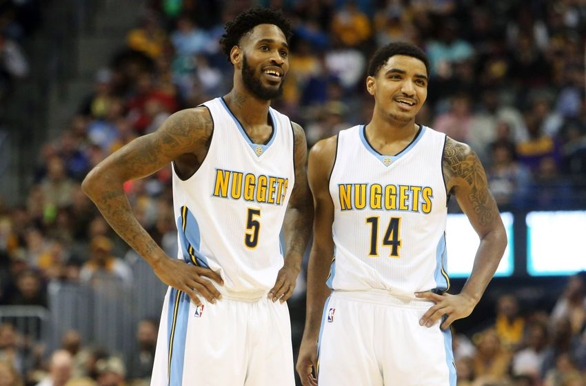 Dec 22, 2015; Denver, CO, USA; Denver Nuggets forward Will Barton (5) and guard Gary Harris (14) react during the first half against the Los Angeles Lakers at Pepsi Center. Mandatory Credit: Chris Humphreys-USA TODAY Sports