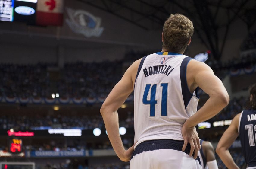 Apr 21, 2016; Dallas, TX, USA; Dallas Mavericks forward Dirk Nowitzki (41) looks at the replay screen during the second half against the Oklahoma City Thunder in game three of the first round of the NBA Playoffs at American Airlines Center. The Thunder defeated the Mavericks 131-102. Mandatory Credit: Jerome Miron-USA TODAY Sports