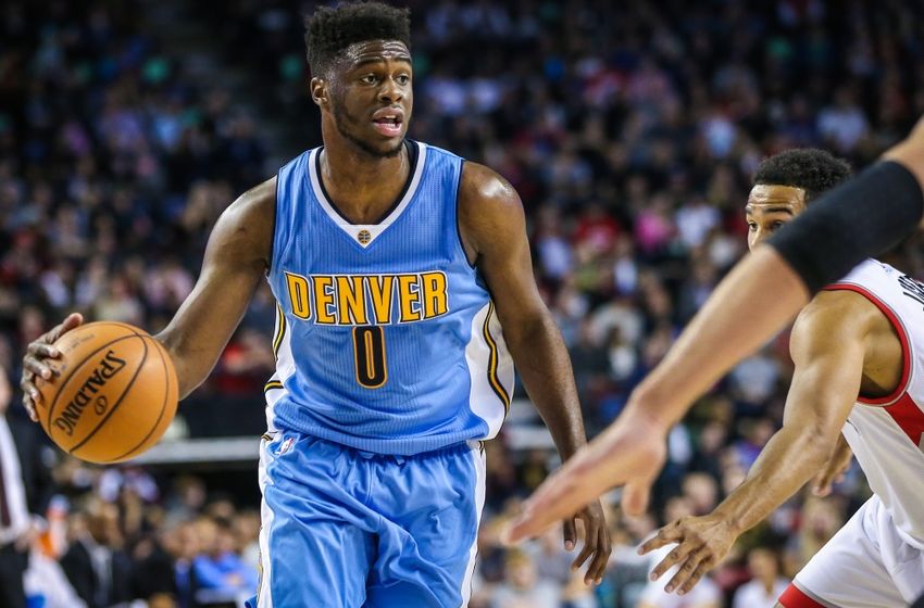 Oct 3, 2016; Calgary, Alberta, CAN; Denver Nuggets guard Emmanuel Mudiay (0) dribbles the ball against the Toronto Raptors during the third quarter at Scotiabank Saddledome. Mandatory Credit: Sergei Belski-USA TODAY Sports