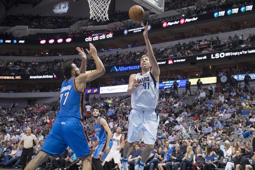 Oct 11, 2016; Dallas, TX, USA; Dallas Mavericks forward Dirk Nowitzki (41) drives to the basket against the Oklahoma City Thunder during the first half at the American Airlines Center. Mandatory Credit: Jerome Miron-USA TODAY Sports