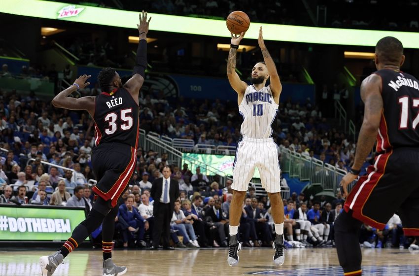 Oct 26, 2016; Orlando, FL, USA; Orlando Magic guard Evan Fournier (10) shoots a three pointer against the Miami Heat during the second half at Amway Center. Miami Heat defeated the Orlando Magic 108-96. Mandatory Credit: Kim Klement-USA TODAY Sports