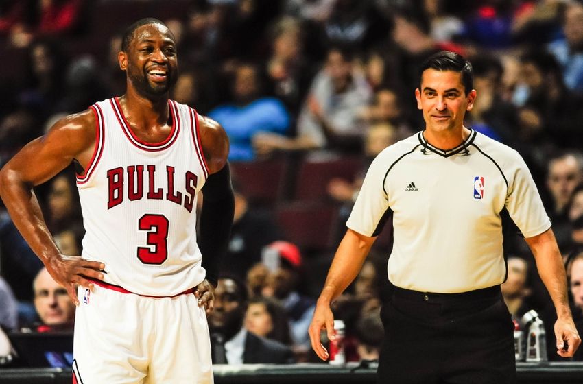 Oct 29, 2016; Chicago, IL, USA; Chicago Bulls guard Dwyane Wade (3) talks with referee Mark Lindsay (29) during the first half against the Indiana Pacers at United Center. Mandatory Credit: Jeffrey Becker-USA TODAY Sports