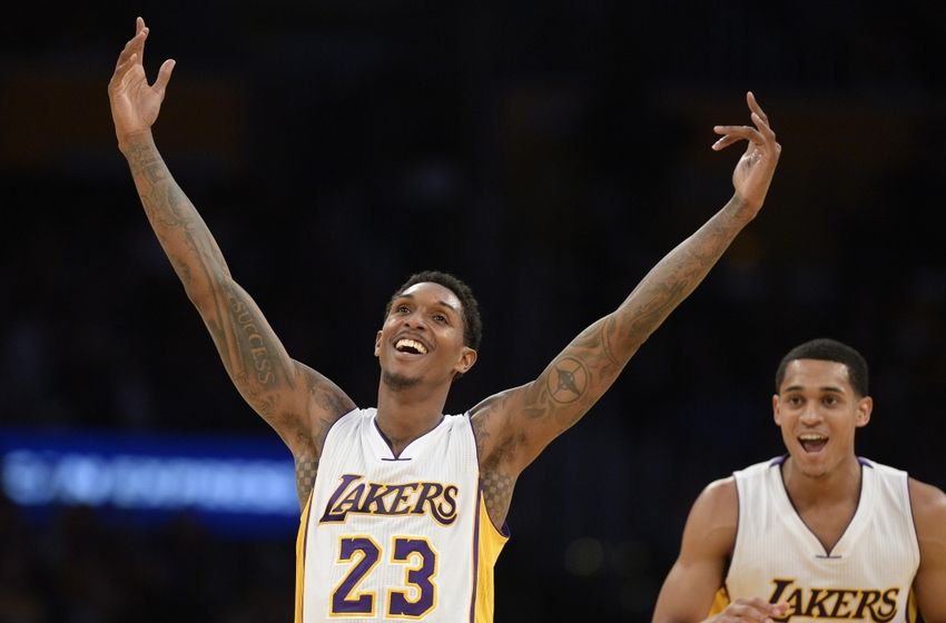 Jan 3, 2016; Los Angeles, CA, USA; Los Angeles Lakers guard Louis Williams (23) and guard Jordan Clarkson (6) react during the game against the Phoenix Suns at Staples Center. Mandatory Credit: Richard Mackson-USA TODAY Sports