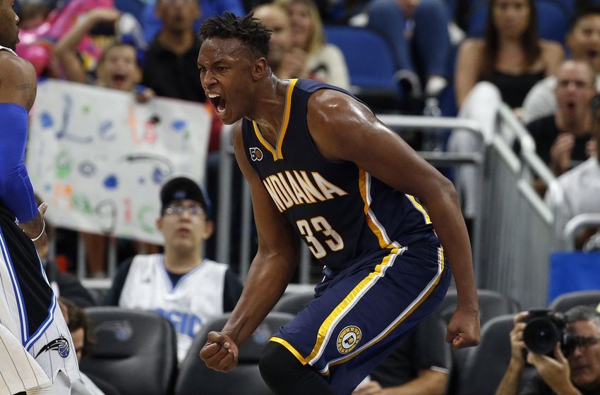 Oct 14, 2016; Orlando, FL, USA; Indiana Pacers forward Myles Turner (33) celebrates after he dunks against the Orlando Magic during the second half at Amway Center. Orlando Magic defeated the Indiana Pacers 114-106. Mandatory Credit: Kim Klement-USA TODAY Sports