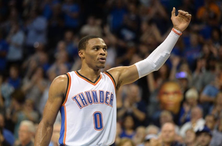 Oct 28, 2016; Oklahoma City, OK, USA; Oklahoma City Thunder guard Russell Westbrook (0) yells to the fans in action against the Phoenix Suns during the fourth quarter at Chesapeake Energy Arena. Mandatory Credit: Mark D. Smith-USA TODAY Sports