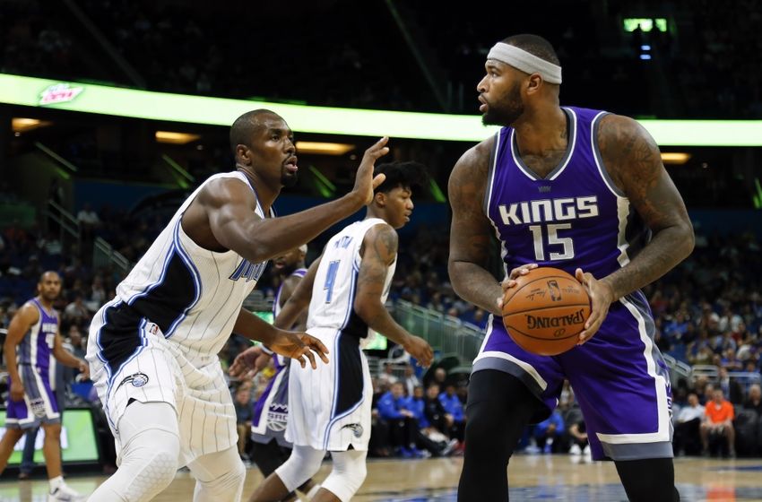 Nov 3, 2016; Orlando, FL, USA; Orlando Magic forward Serge Ibaka (7) defends Sacramento Kings center DeMarcus Cousins (15) in the first quarter at Amway Center. Mandatory Credit: Logan Bowles-USA TODAY Sports