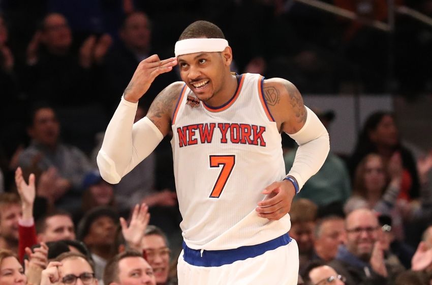 Nov 20, 2016; New York, NY, USA; New York Knicks forward Carmelo Anthony (7) gestures after a three point basket during the fourth quarter against the Atlanta Hawks at Madison Square Garden. New York Knicks won 104-94. Mandatory Credit: Anthony Gruppuso-USA TODAY Sports